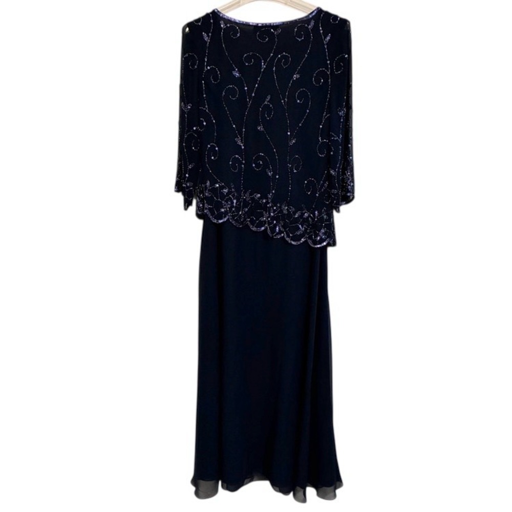 J Kara Navy Beaded Overlay Evening Dress Size 10 Petite - Picture 2 of 7